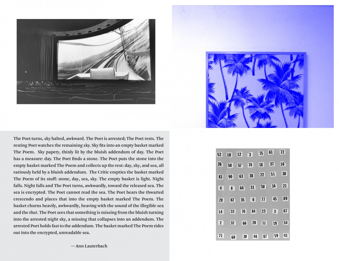 Ann Lauterbach's poem for "The Poet and The Critic, and the missing"; pages from PF:4, The Lost Issue, 2012 including work by Lucas Blalock and images from the Los Angeles Public Library Archive