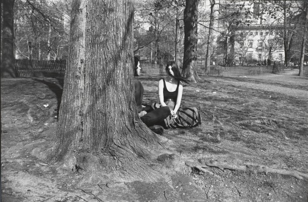 Untitled (Two women seated on ground behind a large tree)