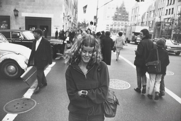 Untitled (Woman with coiled curls crossing street, downtown Manhattan)