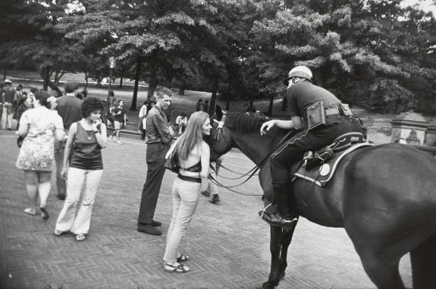 Untitled (Woman  looking at a horse with a mounted policeman on it)