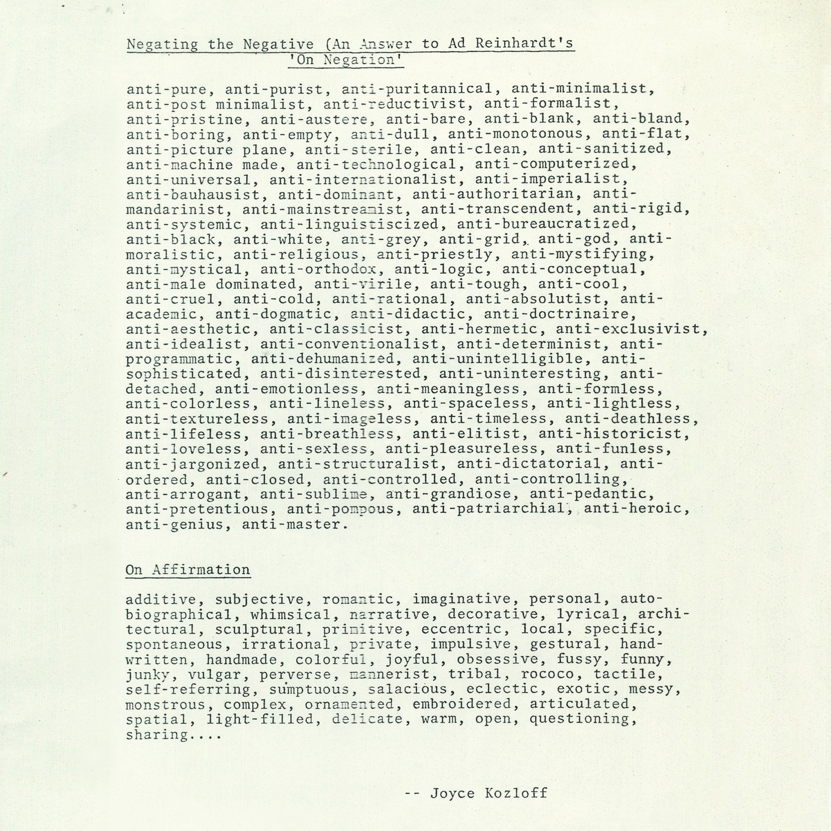 Joyce Kozloff, Negating the Negative (An Answer to Ad Reinhardt’s On Negation), 1976 and On Affirmation, 1976.