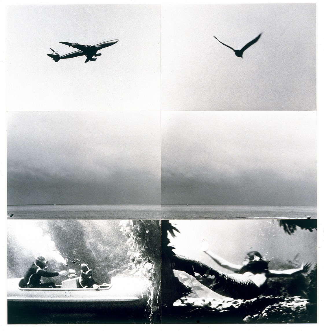 John Baldessari,&nbsp;Concerning Diachronic/Synchronic Time:&nbsp;Above, On, Under (with Mermaid),&nbsp;1992,&nbsp;Six black-and-white photographs.