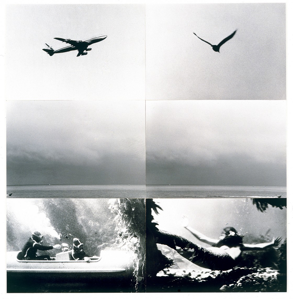 John Baldessari, Concerning Diachronic/Synchronic Time: Above, On, Under (with Mermaid), 1992, Six black-and-white photographs.