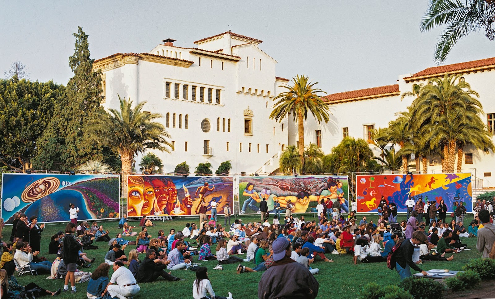 Judith F. Baca © 1999, World Wall: A Vision of the Future Without Fear (1987-ongoing) in the Sunken Gardens of the Santa Barbara Courthouse, Santa Barbara, California, April 25-May 8, 1992. Image courtesy of the SPARC Archives SPARCinLA.org.