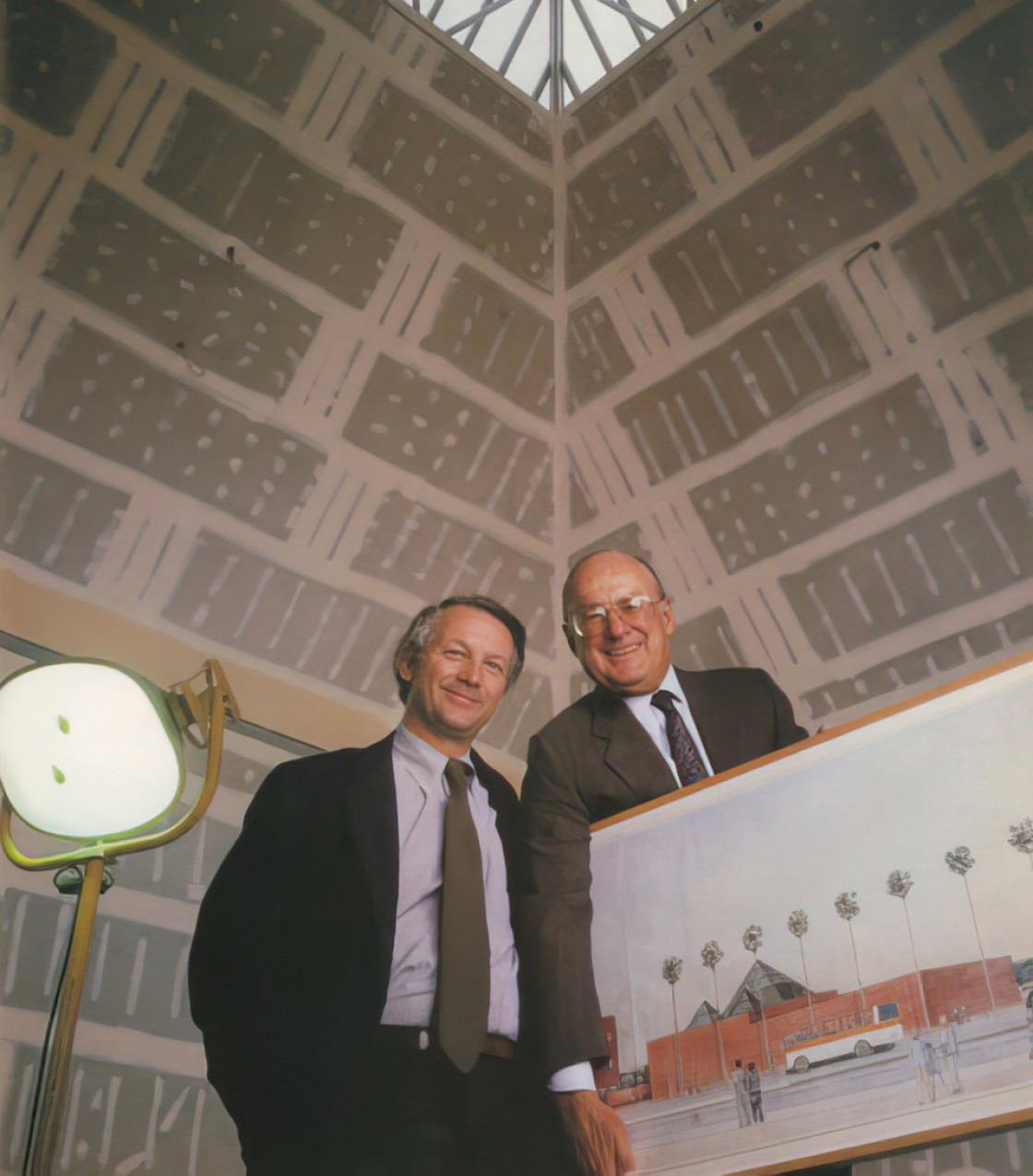 Richard Koshalek and Frederick M. Nicholas, MOCA Grand Avenue building, 1986. (Image courtesy Anthony Nicholas)